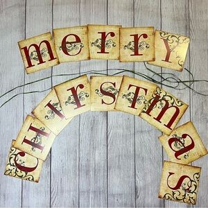 Merry Christmas Banner NWOT Heavy Cardstock w/ 118” Forest Green Ribbon